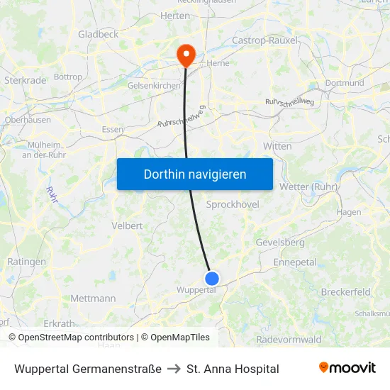 Wuppertal Germanenstraße to St. Anna Hospital map
