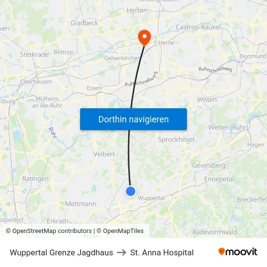 Wuppertal Grenze Jagdhaus to St. Anna Hospital map