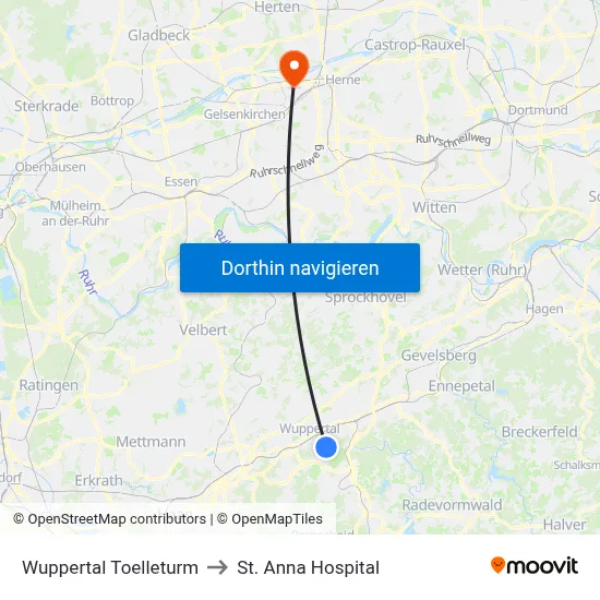 Wuppertal Toelleturm to St. Anna Hospital map