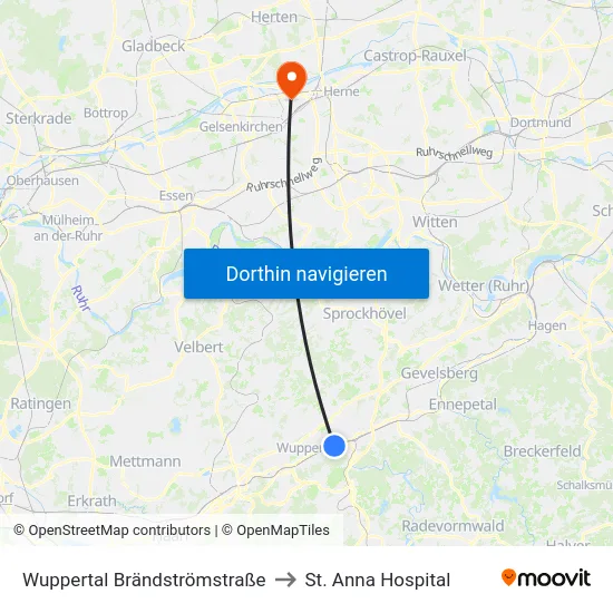 Wuppertal Brändströmstraße to St. Anna Hospital map