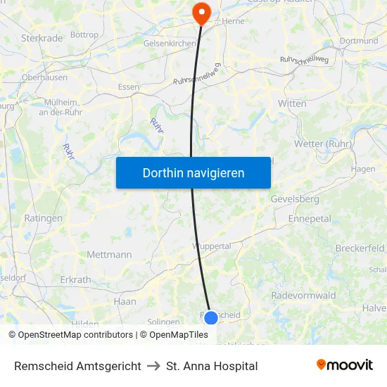 Remscheid Amtsgericht to St. Anna Hospital map