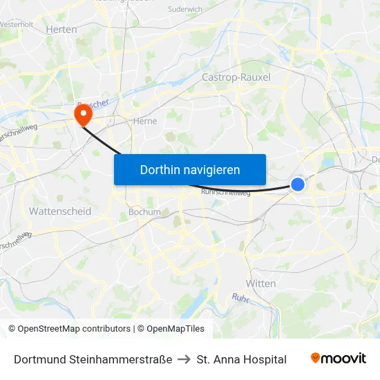 Dortmund Steinhammerstraße to St. Anna Hospital map