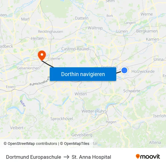 Dortmund Europaschule to St. Anna Hospital map