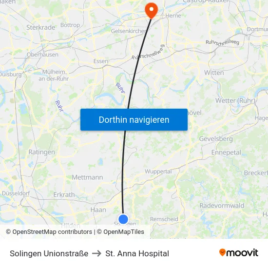 Solingen Unionstraße to St. Anna Hospital map