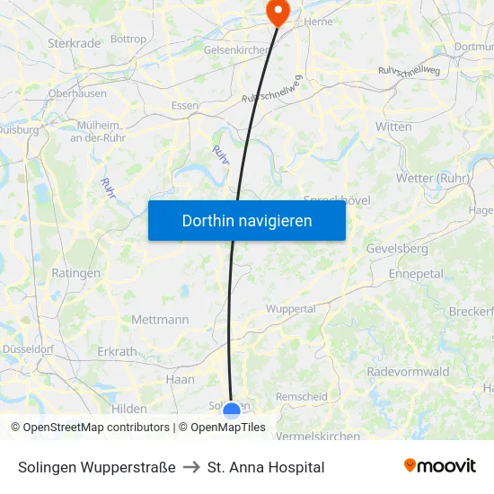 Solingen Wupperstraße to St. Anna Hospital map