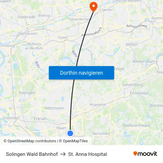 Solingen Wald Bahnhof to St. Anna Hospital map
