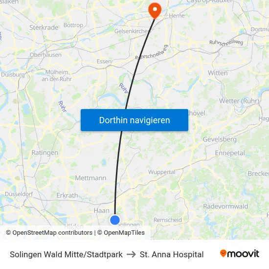Solingen Wald Mitte/Stadtpark to St. Anna Hospital map