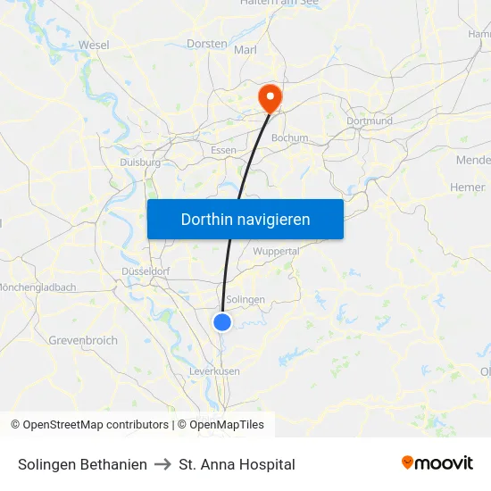 Solingen Bethanien to St. Anna Hospital map