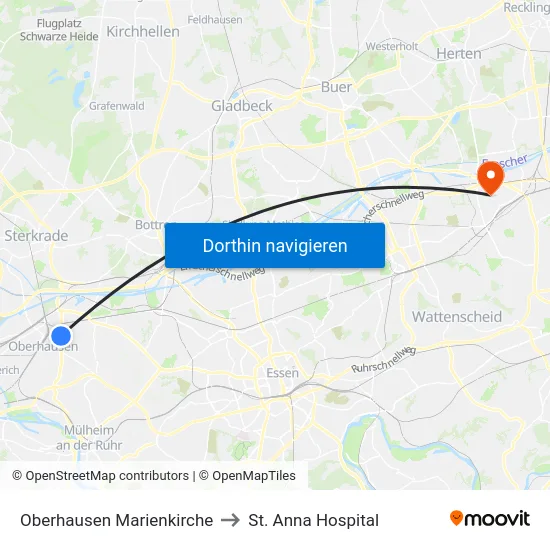 Oberhausen Marienkirche to St. Anna Hospital map