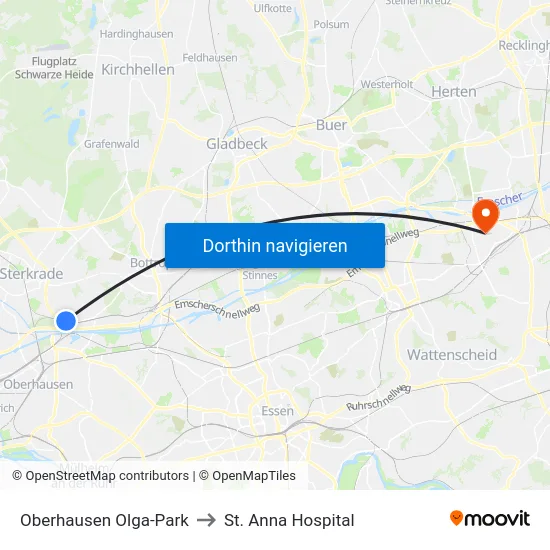 Oberhausen Olga-Park to St. Anna Hospital map
