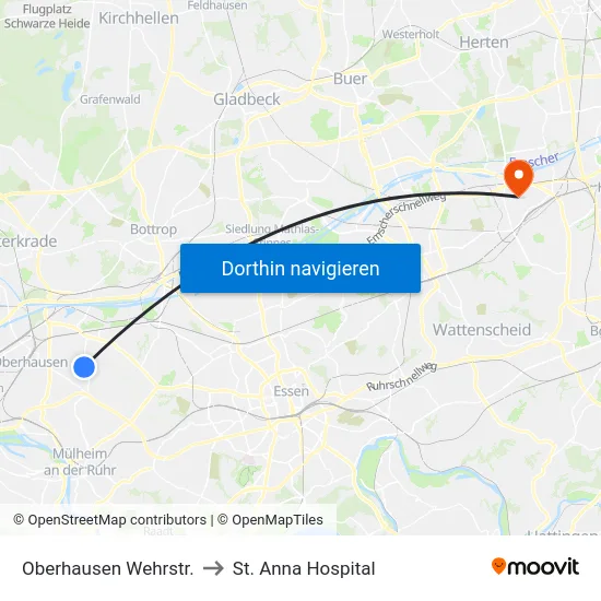 Oberhausen Wehrstr. to St. Anna Hospital map