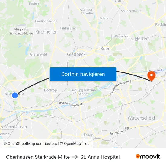 Oberhausen Sterkrade Mitte to St. Anna Hospital map