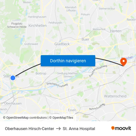 Oberhausen Hirsch-Center to St. Anna Hospital map