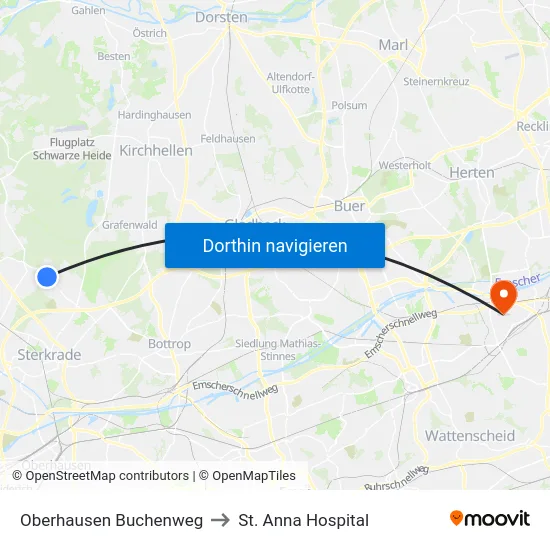 Oberhausen Buchenweg to St. Anna Hospital map