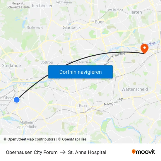 Oberhausen City Forum to St. Anna Hospital map