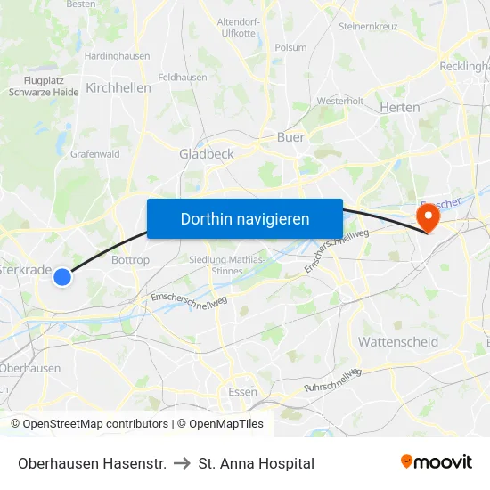 Oberhausen Hasenstr. to St. Anna Hospital map