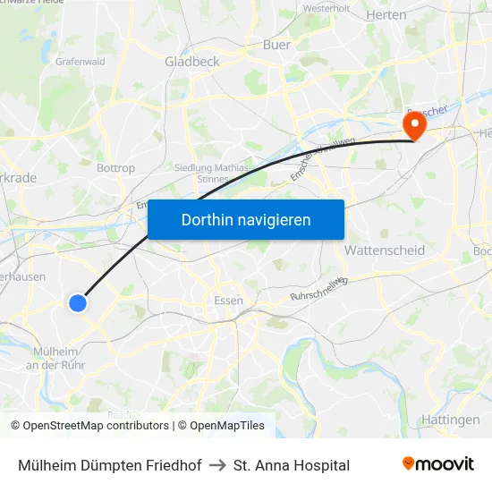 Mülheim Dümpten Friedhof to St. Anna Hospital map