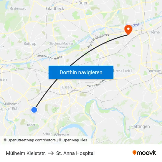 Mülheim Kleiststr. to St. Anna Hospital map