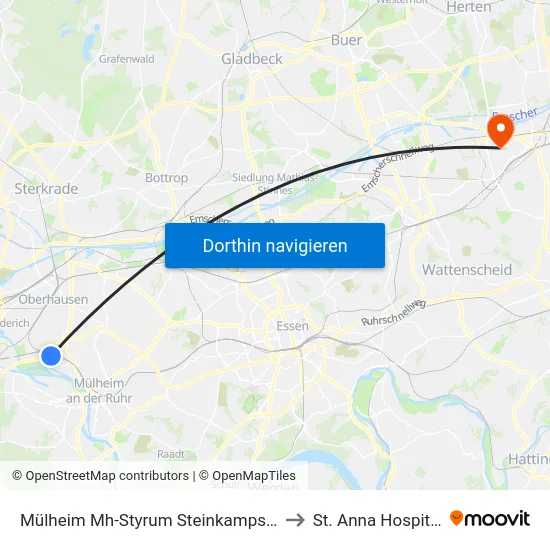 Mülheim Mh-Styrum Steinkampstr. to St. Anna Hospital map