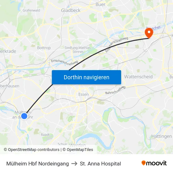 Mülheim Hbf Nordeingang to St. Anna Hospital map