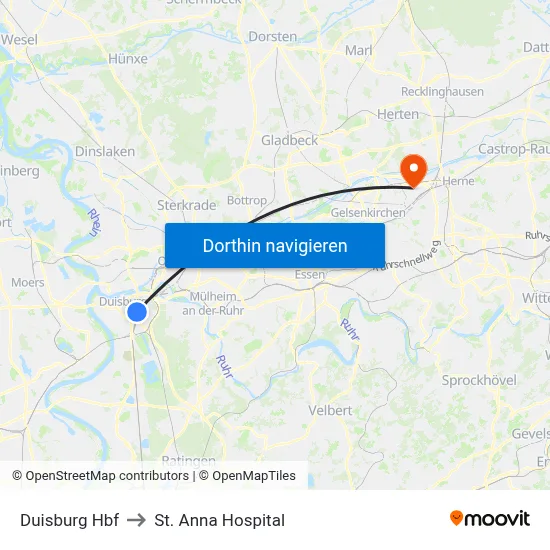 Duisburg Hbf to St. Anna Hospital map
