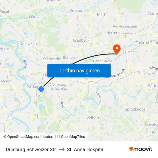 Duisburg Schweizer Str. to St. Anna Hospital map