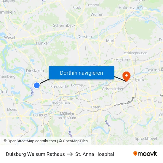Duisburg Walsum Rathaus to St. Anna Hospital map