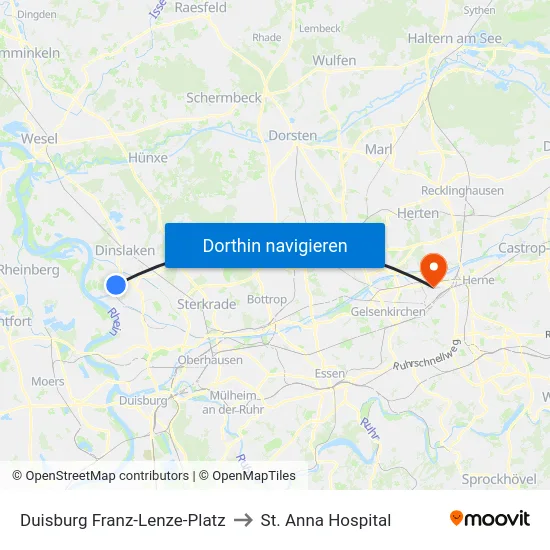 Duisburg Franz-Lenze-Platz to St. Anna Hospital map