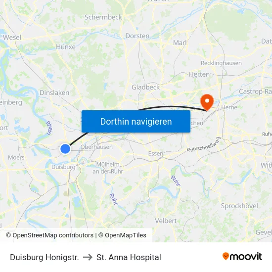 Duisburg Honigstr. to St. Anna Hospital map