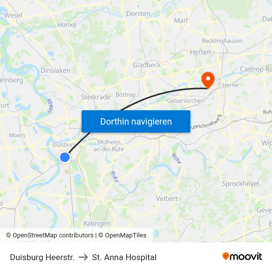 Duisburg Heerstr. to St. Anna Hospital map