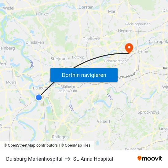 Duisburg Marienhospital to St. Anna Hospital map