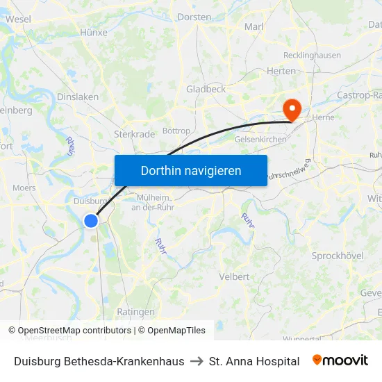 Duisburg Bethesda-Krankenhaus to St. Anna Hospital map