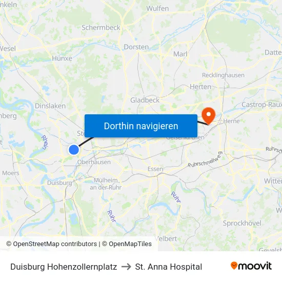 Duisburg Hohenzollernplatz to St. Anna Hospital map