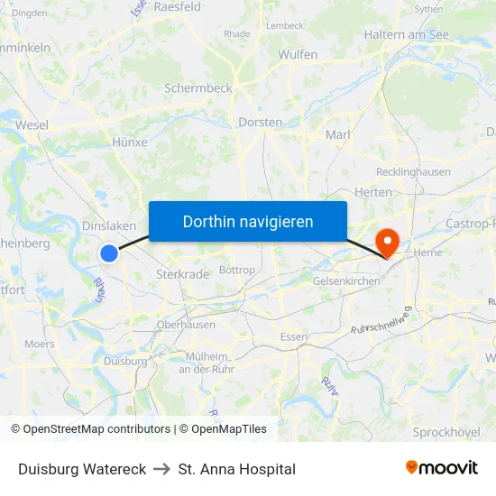 Duisburg Watereck to St. Anna Hospital map