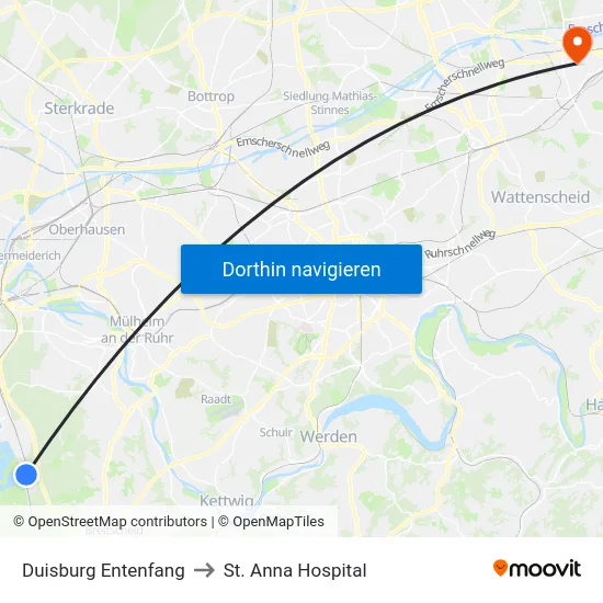 Duisburg Entenfang to St. Anna Hospital map