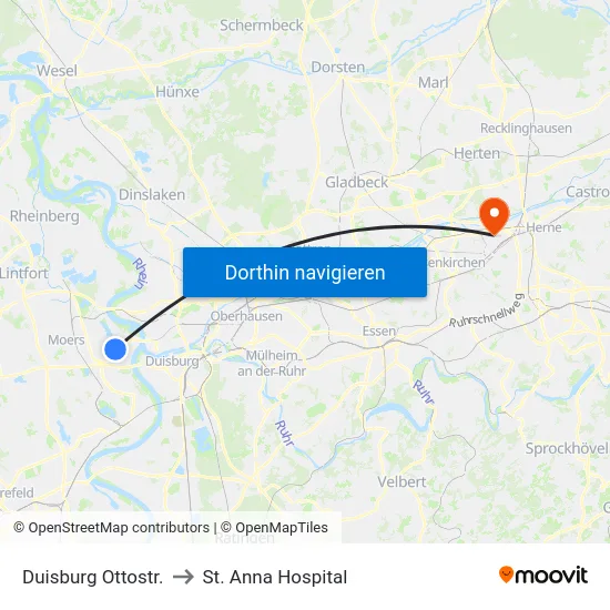 Duisburg Ottostr. to St. Anna Hospital map