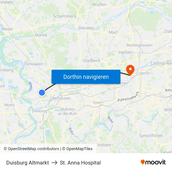 Duisburg Altmarkt to St. Anna Hospital map