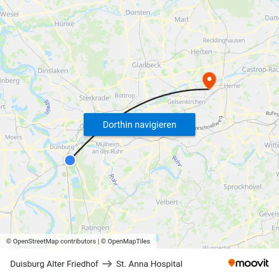 Duisburg Alter Friedhof to St. Anna Hospital map