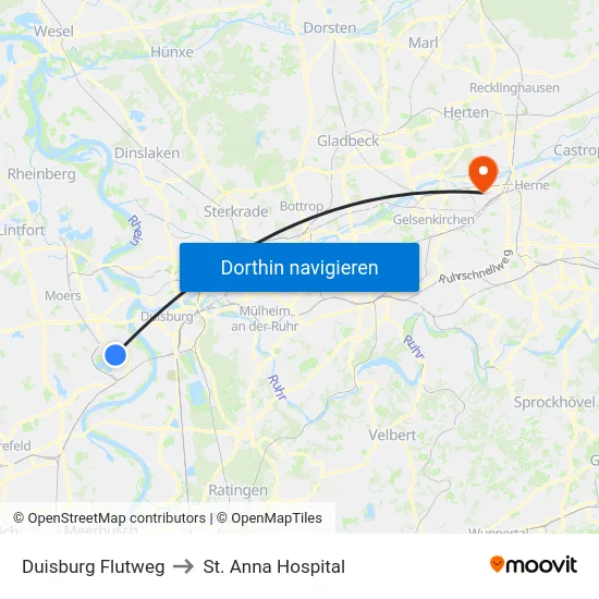 Duisburg Flutweg to St. Anna Hospital map