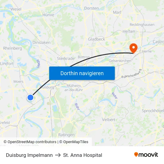 Duisburg Impelmann to St. Anna Hospital map