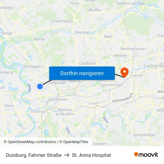Duisburg, Fahrner Straße to St. Anna Hospital map