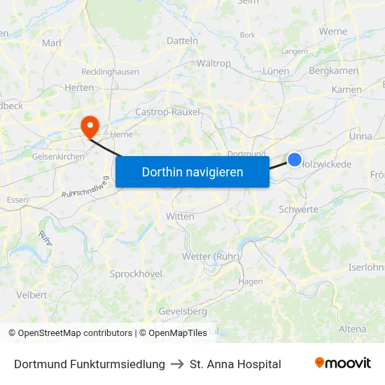Dortmund Funkturmsiedlung to St. Anna Hospital map