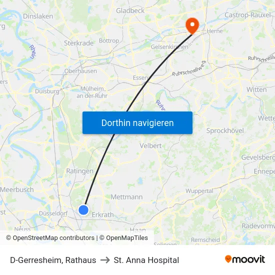 D-Gerresheim, Rathaus to St. Anna Hospital map