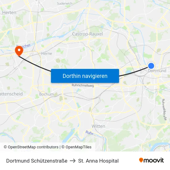 Dortmund Schützenstraße to St. Anna Hospital map