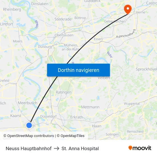Neuss Hauptbahnhof to St. Anna Hospital map