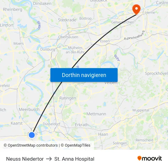 Neuss Niedertor to St. Anna Hospital map