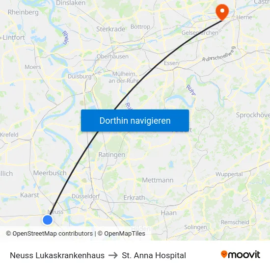 Neuss Lukaskrankenhaus to St. Anna Hospital map