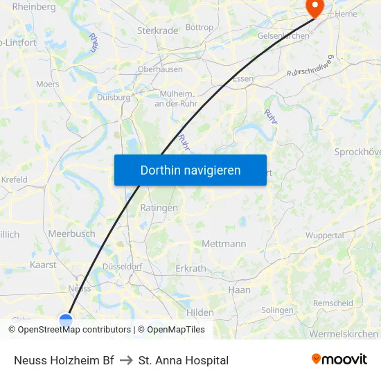 Neuss Holzheim Bf to St. Anna Hospital map