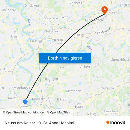Neuss am Kaiser to St. Anna Hospital map