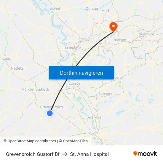 Grevenbroich Gustorf Bf to St. Anna Hospital map